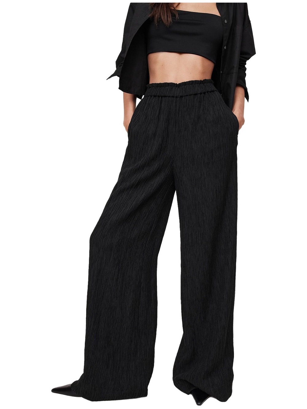 NWT Banana Republic Crinkle Crepe Wide Leg Pull On Pants In Black Size S